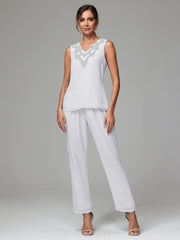 3 Pieces Long Sleeves Chiffon Lace Mother Of The Bride Dress Pants Suits with Silver Sequins