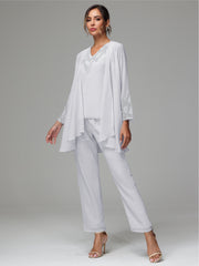 3 Pieces Long Sleeves Chiffon Lace Mother Of The Bride Dress Pants Suits with Silver Sequins