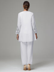3 Pieces Long Sleeves Chiffon Lace Mother Of The Bride Dress Pants Suits with Silver Sequins