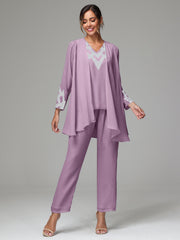 3 Pieces Long Sleeves Chiffon Lace Mother Of The Bride Dress Pants Suits with Silver Sequins