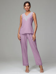 3 Pieces Long Sleeves Chiffon Lace Mother Of The Bride Dress Pants Suits with Silver Sequins