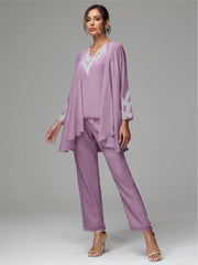 3 Pieces Long Sleeves Chiffon Lace Mother Of The Bride Dress Pants Suits with Silver Sequins