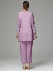 3 Pieces Long Sleeves Chiffon Lace Mother Of The Bride Dress Pants Suits with Silver Sequins
