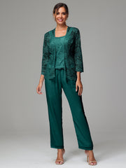3 Pieces Long Sleeves Chiffon Lace Mother Of The Bride Dress Pants Suits