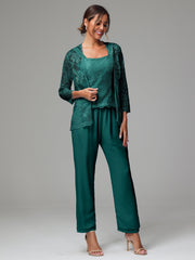 3 Pieces Long Sleeves Chiffon Lace Mother Of The Bride Dress Pants Suits