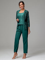 3 Pieces Long Sleeves Chiffon Lace Mother Of The Bride Dress Pants Suits
