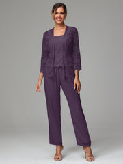 3 Pieces Long Sleeves Chiffon Lace Mother Of The Bride Dress Pants Suits