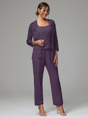 3 Pieces Long Sleeves Chiffon Lace Mother Of The Bride Dress Pants Suits