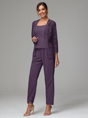 3 Pieces Long Sleeves Chiffon Lace Mother Of The Bride Dress Pants Suits