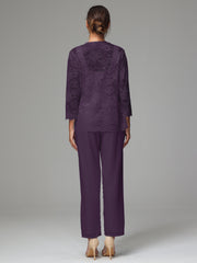 3 Pieces Long Sleeves Chiffon Lace Mother Of The Bride Dress Pants Suits