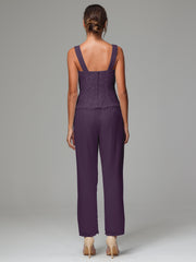 3 Pieces Long Sleeves Chiffon Lace Mother Of The Bride Dress Pants Suits