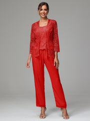3 Pieces Long Sleeves Chiffon Lace Mother Of The Bride Dress Pants Suits