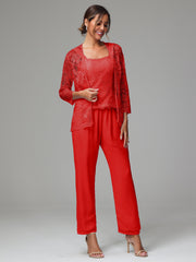 3 Pieces Long Sleeves Chiffon Lace Mother Of The Bride Dress Pants Suits