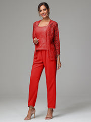 3 Pieces Long Sleeves Chiffon Lace Mother Of The Bride Dress Pants Suits