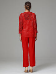 3 Pieces Long Sleeves Chiffon Lace Mother Of The Bride Dress Pants Suits