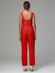 3 Pieces Long Sleeves Chiffon Lace Mother Of The Bride Dress Pants Suits