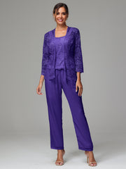 3 Pieces Long Sleeves Chiffon Lace Mother Of The Bride Dress Pants Suits