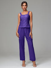 3 Pieces Long Sleeves Chiffon Lace Mother Of The Bride Dress Pants Suits