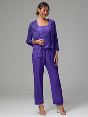 3 Pieces Long Sleeves Chiffon Lace Mother Of The Bride Dress Pants Suits