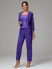 3 Pieces Long Sleeves Chiffon Lace Mother Of The Bride Dress Pants Suits