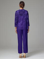 3 Pieces Long Sleeves Chiffon Lace Mother Of The Bride Dress Pants Suits