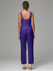 3 Pieces Long Sleeves Chiffon Lace Mother Of The Bride Dress Pants Suits