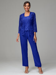 3 Pieces Long Sleeves Chiffon Lace Mother Of The Bride Dress Pants Suits