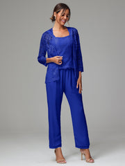 3 Pieces Long Sleeves Chiffon Lace Mother Of The Bride Dress Pants Suits