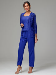 3 Pieces Long Sleeves Chiffon Lace Mother Of The Bride Dress Pants Suits