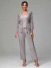 3 Pieces Long Sleeves Chiffon Lace Mother Of The Bride Dress Pants Suits
