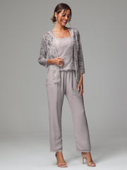 3 Pieces Long Sleeves Chiffon Lace Mother Of The Bride Dress Pants Suits