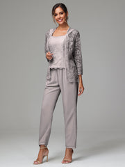3 Pieces Long Sleeves Chiffon Lace Mother Of The Bride Dress Pants Suits