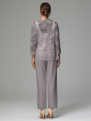 3 Pieces Long Sleeves Chiffon Lace Mother Of The Bride Dress Pants Suits