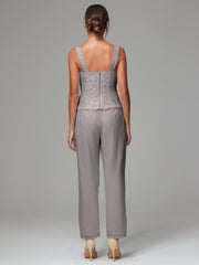 3 Pieces Long Sleeves Chiffon Lace Mother Of The Bride Dress Pants Suits