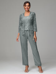 3 Pieces Long Sleeves Chiffon Lace Mother Of The Bride Dress Pants Suits