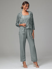 3 Pieces Long Sleeves Chiffon Lace Mother Of The Bride Dress Pants Suits