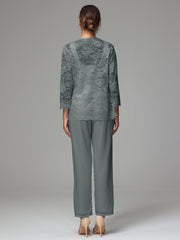 3 Pieces Long Sleeves Chiffon Lace Mother Of The Bride Dress Pants Suits