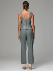 3 Pieces Long Sleeves Chiffon Lace Mother Of The Bride Dress Pants Suits