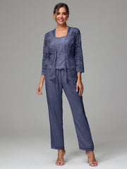3 Pieces Long Sleeves Chiffon Lace Mother Of The Bride Dress Pants Suits