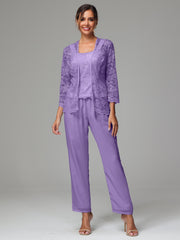 3 Pieces Long Sleeves Chiffon Lace Mother Of The Bride Dress Pants Suits