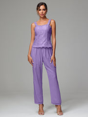 3 Pieces Long Sleeves Chiffon Lace Mother Of The Bride Dress Pants Suits