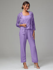 3 Pieces Long Sleeves Chiffon Lace Mother Of The Bride Dress Pants Suits