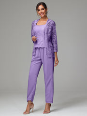 3 Pieces Long Sleeves Chiffon Lace Mother Of The Bride Dress Pants Suits