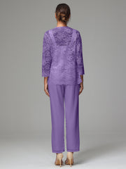3 Pieces Long Sleeves Chiffon Lace Mother Of The Bride Dress Pants Suits