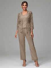 3 Pieces Long Sleeves Chiffon Lace Mother Of The Bride Dress Pants Suits