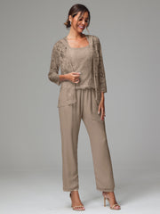3 Pieces Long Sleeves Chiffon Lace Mother Of The Bride Dress Pants Suits
