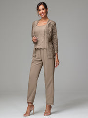 3 Pieces Long Sleeves Chiffon Lace Mother Of The Bride Dress Pants Suits