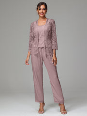 3 Pieces Long Sleeves Chiffon Lace Mother Of The Bride Dress Pants Suits