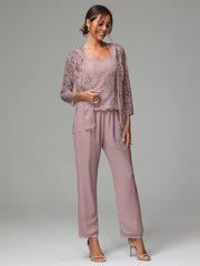 3 Pieces Long Sleeves Chiffon Lace Mother Of The Bride Dress Pants Suits