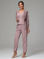 3 Pieces Long Sleeves Chiffon Lace Mother Of The Bride Dress Pants Suits